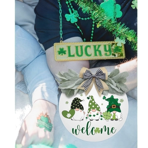 Saint Patrick's Day wooden door sign with gnome pattern and gold Lucky clover plaque
