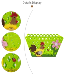 Detail view of felt Easter basket showing rooster embroidery and green hollow mesh material