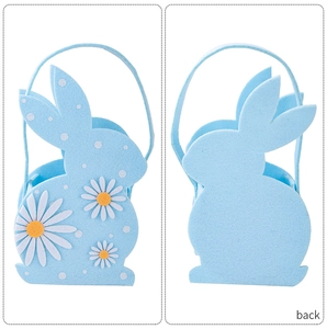 Front and back detail of a blue felt Easter bunny basket with daisy floral decorations