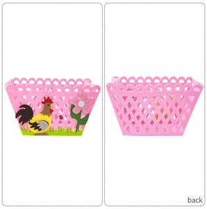 Detailed front and back view of a pink felt Easter rooster basket with floral patterns