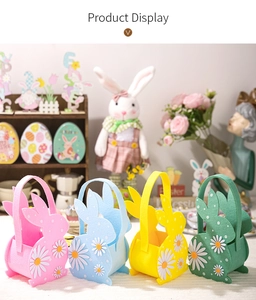Four Easter felt bunny baskets in pastel colors with daisy patterns for egg storage