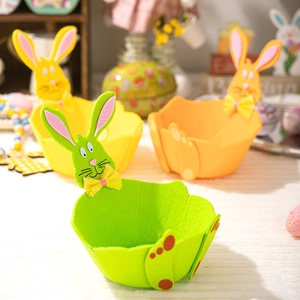 Detailed view of handmade felt Easter basket with 3D bunny ears and yellow bow tie