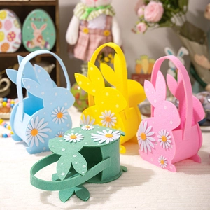 Easter felt bunny baskets in four pastel colors with daisy appliques and festival decor