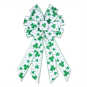 St. Patrick's Day green glitter shamrock bow decoration with white satin ribbons