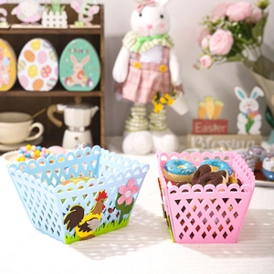Detailed view of colorful Easter rooster felt storage baskets with cutout floral patterns