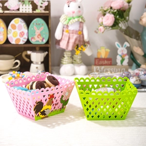 Detail of colorful Easter felt storage baskets with cutout mesh and rooster appliqués
