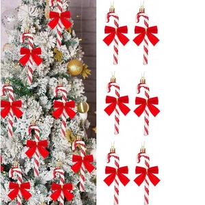 Set of 6 red and white candy cane Christmas tree ornaments with festive red bows