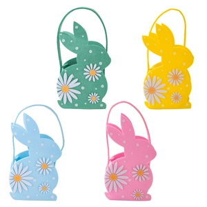 Four colorful felt Easter bunny baskets with daisy patterns and handles in a group set