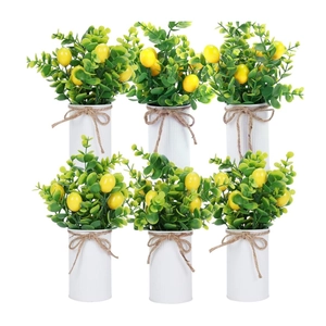 6er-Set künstliche Eukalyptus-Zitronen-Bouquets in weißen Töpfen mit Juteschleifen