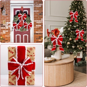 Red velvet Christmas bow with white faux fur trim for trees, wreaths, and gift wrapping