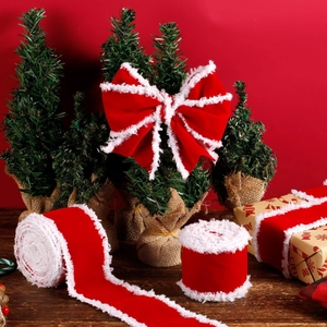 Red velvet Christmas ribbon with white faux fur edges for holiday tree and gift decoration
