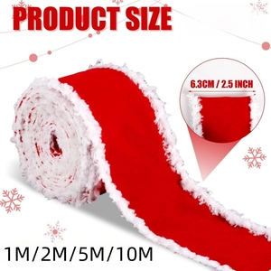 Detail of 6.3cm red velvet Christmas ribbon with white plush trim showing size dimensions