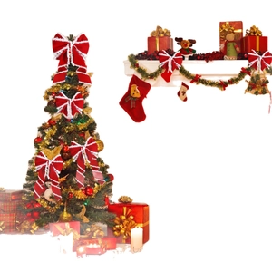 Red Christmas bows with white lace edges for festive tree and fireplace decorations