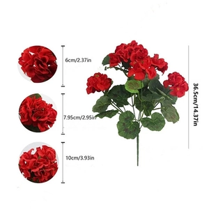 Dimensiones detalladas de las flores de geranio rojo y del follaje artificial