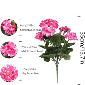 Guía de tallas detallada de geranios artificiales rosas con flores de seda suave