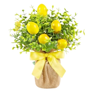 Artificial lemon greens with yellow easter eggs in burlap wrapped pot and silk ribbon bow