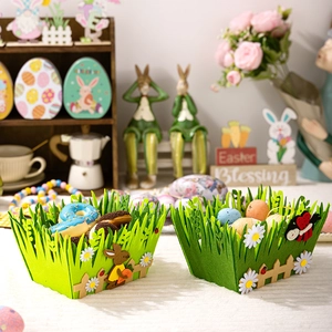 Easter felt storage baskets set featuring green rabbit and ladybug decorations