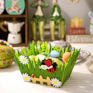 Easter felt storage basket with green grass design, ladybug, daisies and eggs