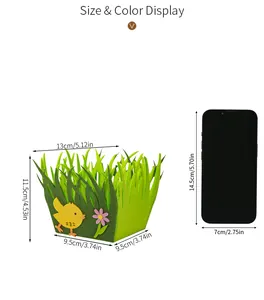 Size guide for green Easter felt basket showing dimensions with phone reference comparison