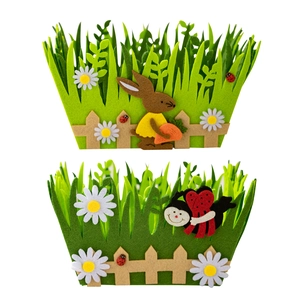 Easter felt storage baskets featuring green grass design with rabbit and ladybug patterns