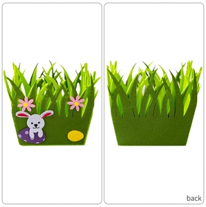 Front and back detail of green felt Easter basket with bunny and egg decorations