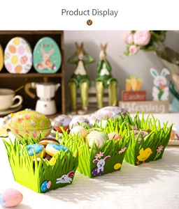 Close-up of green felt Easter basket with bunny and chick patches for festive storage