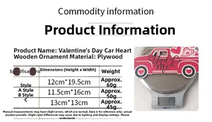 Detailed size specifications for wooden heart Valentine's car ornaments in plywood