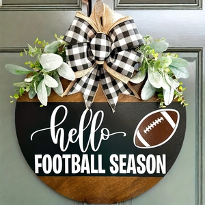 Hallo Football Saison Rundes Holz Türschild Mit Karo Schleife Und Künstlichem Grün Bauernhaus Dekoration Für Die Haustür