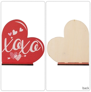 Front and back views of a red XOXO wooden heart ornament with a dark wood stand
