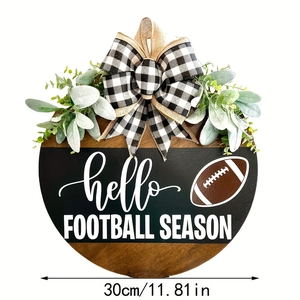 30cm Türdekoration aus Holz hello FOOTBALL SEASON mit Karoschleife und Eukalyptus