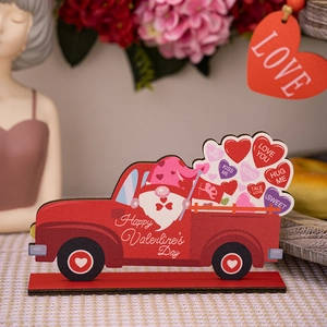Romantic Valentine's Day red wooden truck ornament with gnome and heart balloons