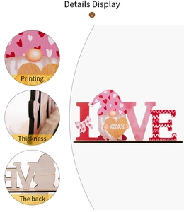 Detail view of wooden LOVE sign with gnome, showing printing quality and thickness