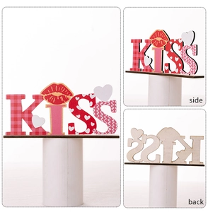 Detailed side and back views of wooden KISS letters with heart and red plaid patterns