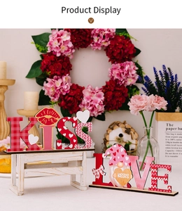 Wooden LOVE and KISS table decorations with gnome and heart details for Valentine's Day decor