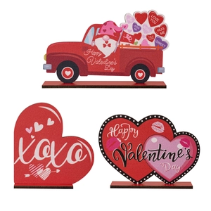 Three-piece Valentine's Day wooden tabletop set with red truck and heart shaped decor