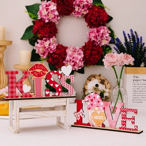 Valentine's Day wooden LOVE and KISS letter ornaments with gnome decor for home shelf