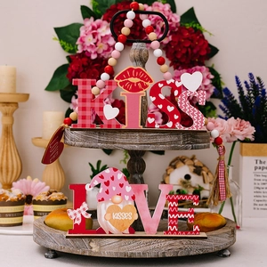 Romantic Valentine's LOVE and KISS wooden signs with gnome and heart bead garland