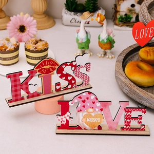 Valentine LOVE and KISS wooden gnome tabletop signs with red heart patterns