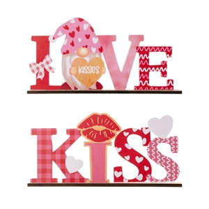 Valentine's LOVE and KISS wooden signs with gnome and heart decor for home display