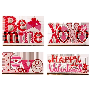 Four-piece Valentine's Day wooden tabletop decor set with Love and heart motifs