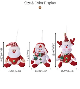 Size chart showing height and width for Santa, Snowman and Reindeer plush ornaments