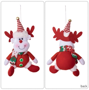 Front and back detail of a red knitted Christmas reindeer ornament with striped hat