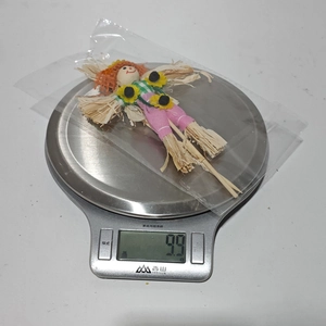 Nahaufnahme der Mini-Vogelscheuche auf einer Digitalwaage zeigt ein Gewicht von 9,9g