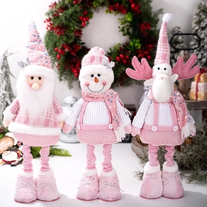 Three pink Christmas plush gnomes with sequins and telescopic legs for festive decoration
