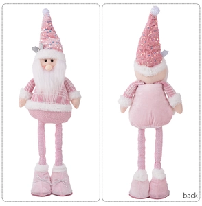 Front and back view of pink sequin Christmas gnome plush with long legs and striped sweater