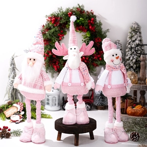 Set of pink sequined Santa, reindeer and snowman plush toys with adjustable long legs