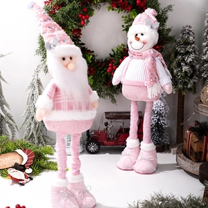 Pink and white Christmas plush doll set with sequined hats and telescopic legs