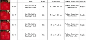 Detailed size specifications for 4 types of acrylic icicle Christmas tree ornaments