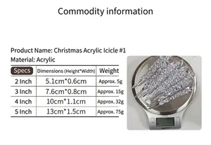 Size guide for acrylic Christmas icicle ornaments showing dimensions and weights
