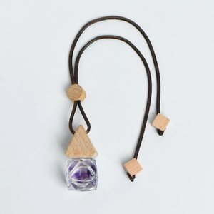 Triangle wooden car perfume diffuser with crystal stones and brown woven lanyard